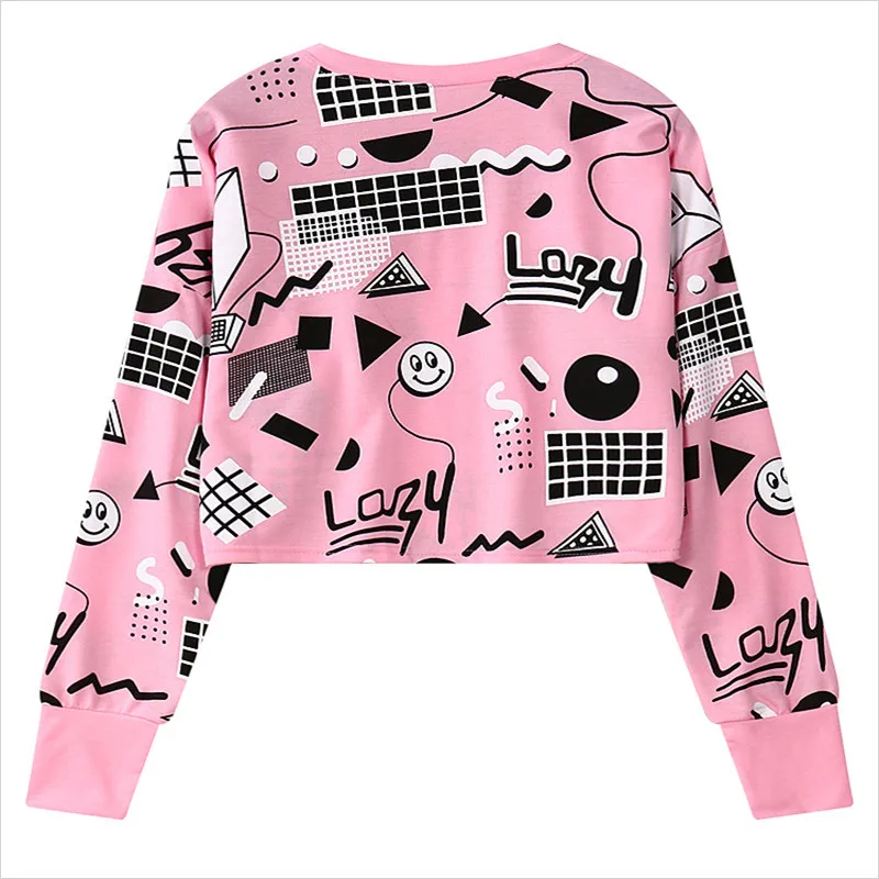  MERRY PRETTY 2018 Autumn Harajuku Women Printed Short Sweatshirts Long Sleeve Geometry Printed Hood