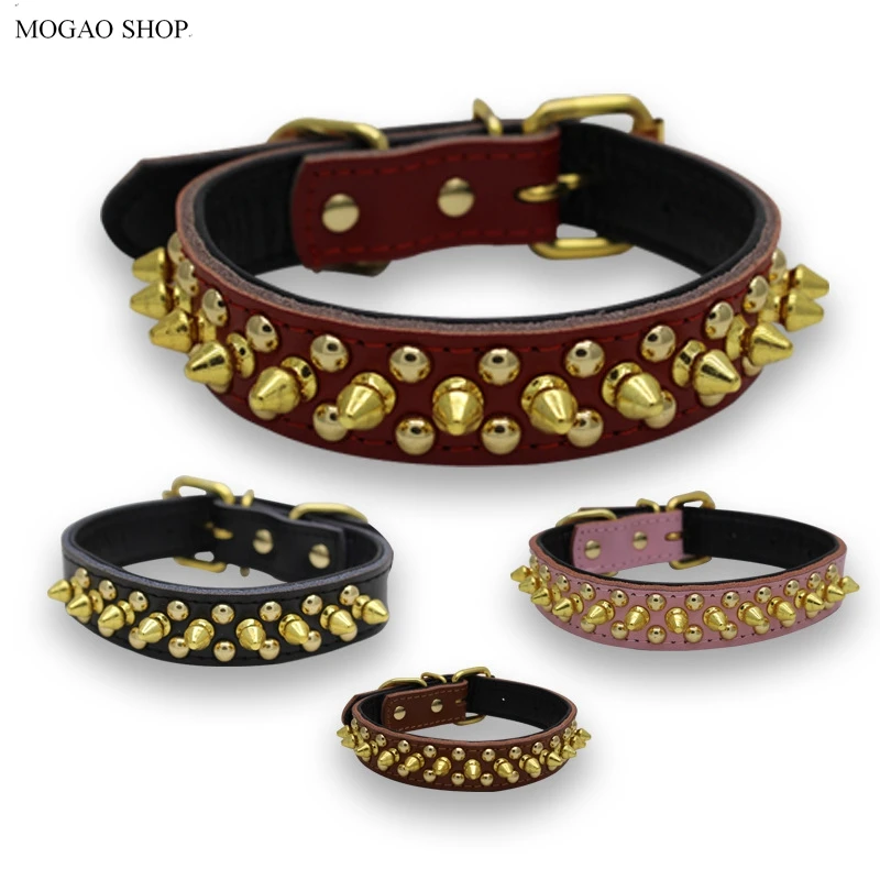

Adjustable Genuine Leather Punk Gold Rivet Spiked Silver Studded Pet Dog Collar Leash Set for Small/Mid/Large Dogs Bull Terrier