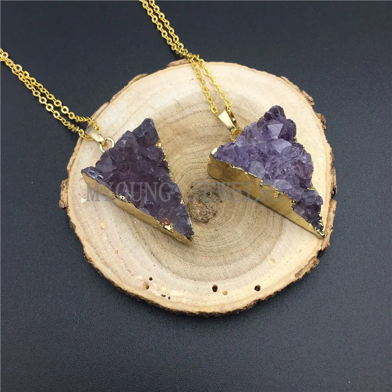 MY0863 Triangle Purple Crystal Druzy Stalactite Slice Pendant Amethysts Cluster Connector Necklace With Gold Color Chain (1)