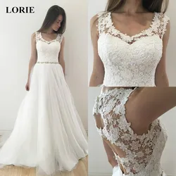 LORIE Wedding Dress 2019 A Line Top Lace Appliques and Tulle Skirt Wedding Gown Illusion Open Back vestido de casamento Belt LORIE Wedding Dress 2019 A Line Top Lace Appliques and Tulle Skirt Wedding Gown Illusion Open Back vestido de casamento Belt