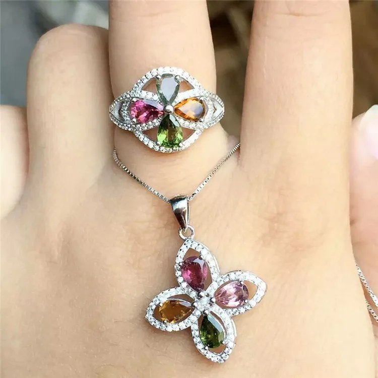 KJJEAXCMY бутик Драгоценности 925 серебро с инкрустацией натуральный турмалин алмаз крест трава женский кулон кольцо 2 комплекта подарок