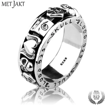 

MetJakt Vintage Punk Turnable Love and Skull Ring Solid 925 Sterling Silver Ring for Unisex Party Gift Cool Jewelry