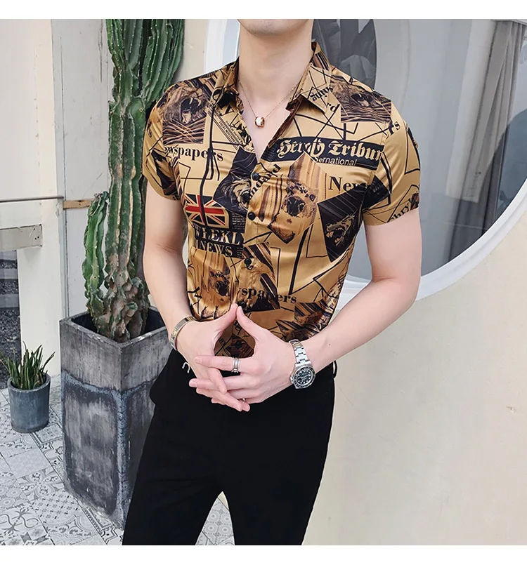 Высокое качество Для мужчин рубашка Фирменная Новинка Slim Fit Мужская одежда рубашки для мальчиков Модный принт футболка с коротким рукавом Для мужчин универсальные смокинг 3XL-M