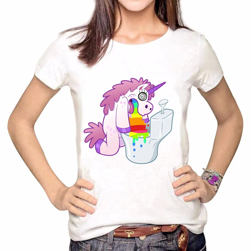 Plus Size Women Cartoon Funny vomiting unicorn Print T Shirt celebrity painter Print 6XL 5XL ...
