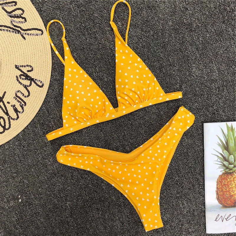 

Cute Women Heart Print Two Pieces Bikini Set Ladies High Waist Pink Bikini Swimwear Female Push Up Swim Wear for Summer