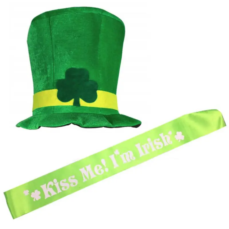 Ирландский Трилистник Кепка-дымоход зеленый бархатный топ шляпа День Святого Патрика праздничный костюм Лепрекон шляпа/рукав+ носки+ лямки - Color: A3