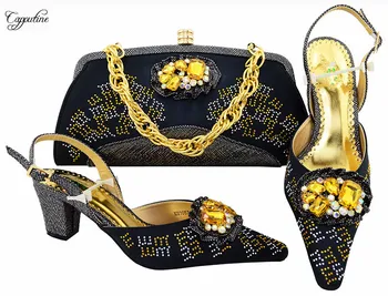 

Popular black with stones design pump shoes and handbag for party MM1057 many color