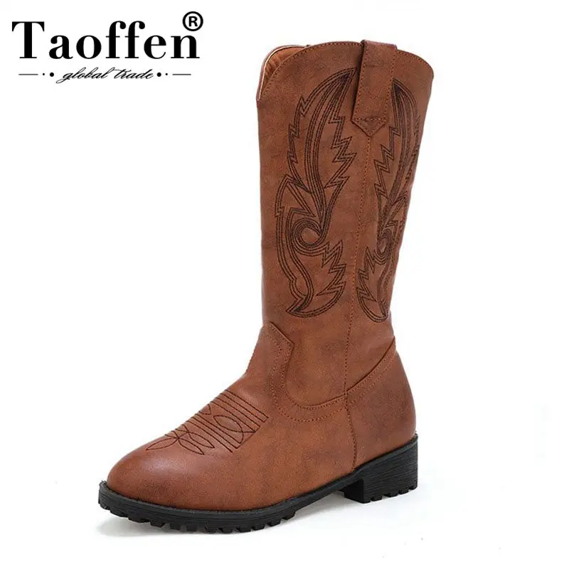 

Taoffen Plus Size 33-46 Roman Vintage Boots Women Mid Calf Round Toe Low Heels Winter Warm Fashion Shoes Female Ridding Boots