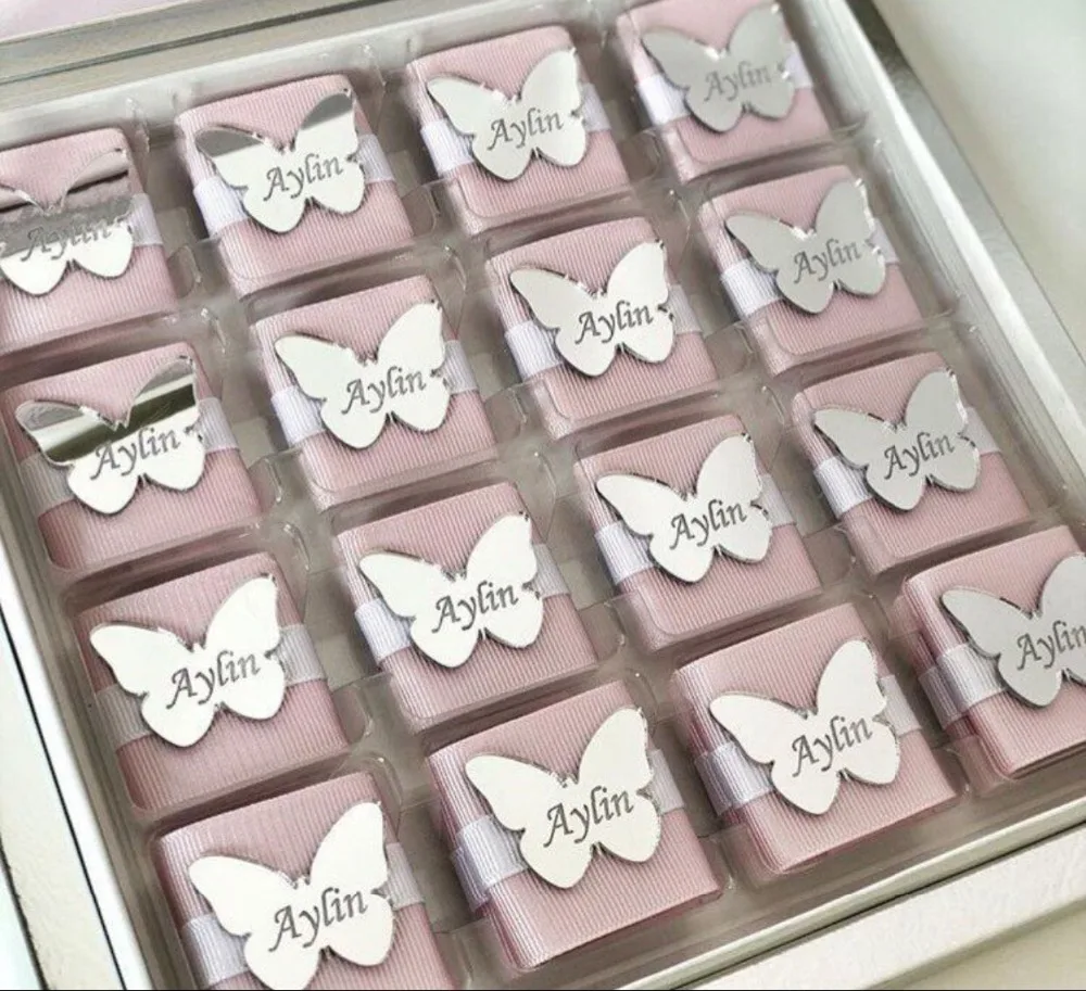 

Custom Made Mirror Tags, Butterfly Lettering Name Logo, Personalized Acrylic Tags for Wedding Baby Shower Chocolate Favors
