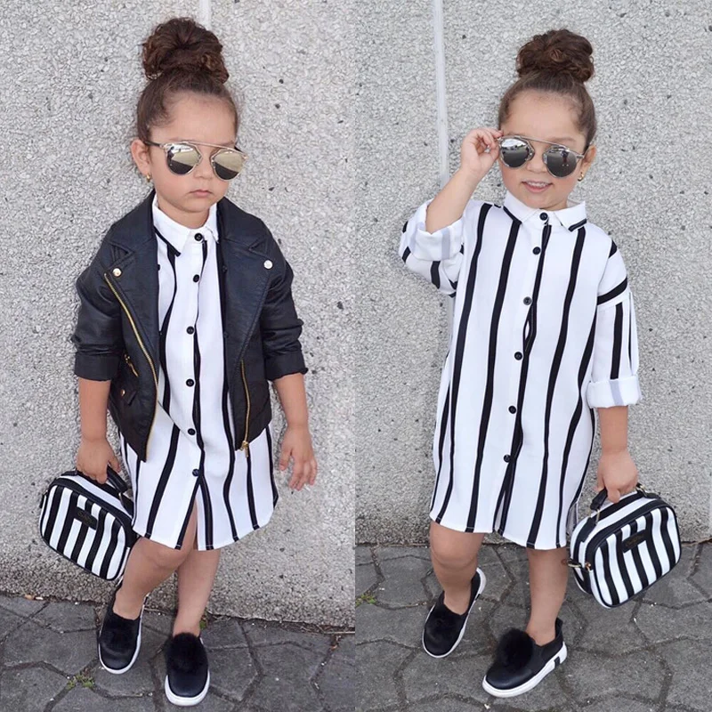 

2019 Casual Long Sleeve Buttons Shirt Dresses Striped Girls Kids Dress Clothes 1-6Y