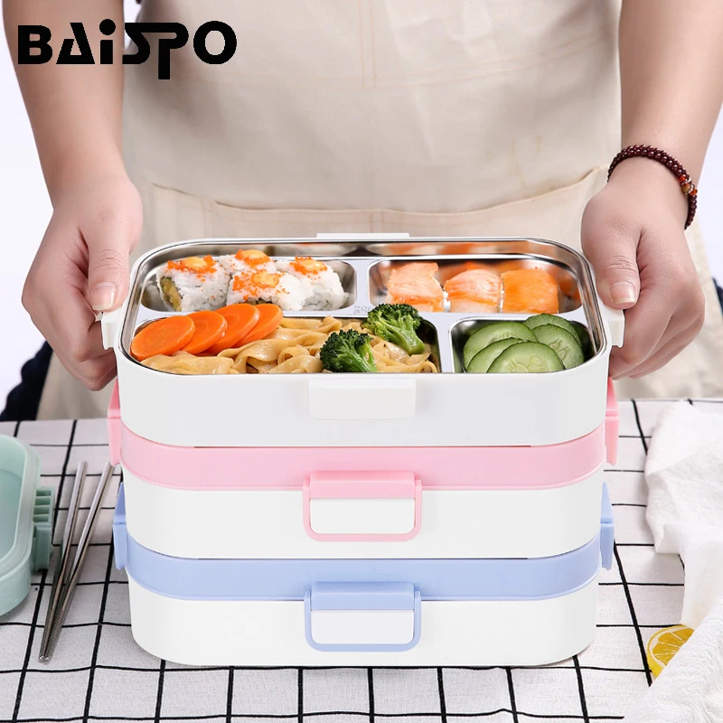 

Baispo 3 Colors Large Capacity Healthy Material Lunchbox Food Container Office Stainless Steel Lunchbox Bento Box With Tableware