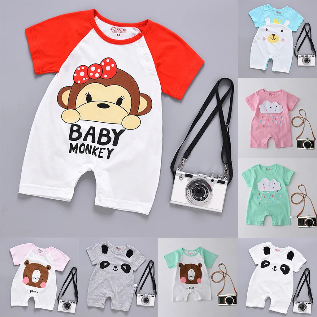 Hattfart Newborn Baby Boy Girls Infant Rompers Jumpsuit Outfits Clothes Toddler Cartoon Print Zipper Short Sleeve Bodysuit