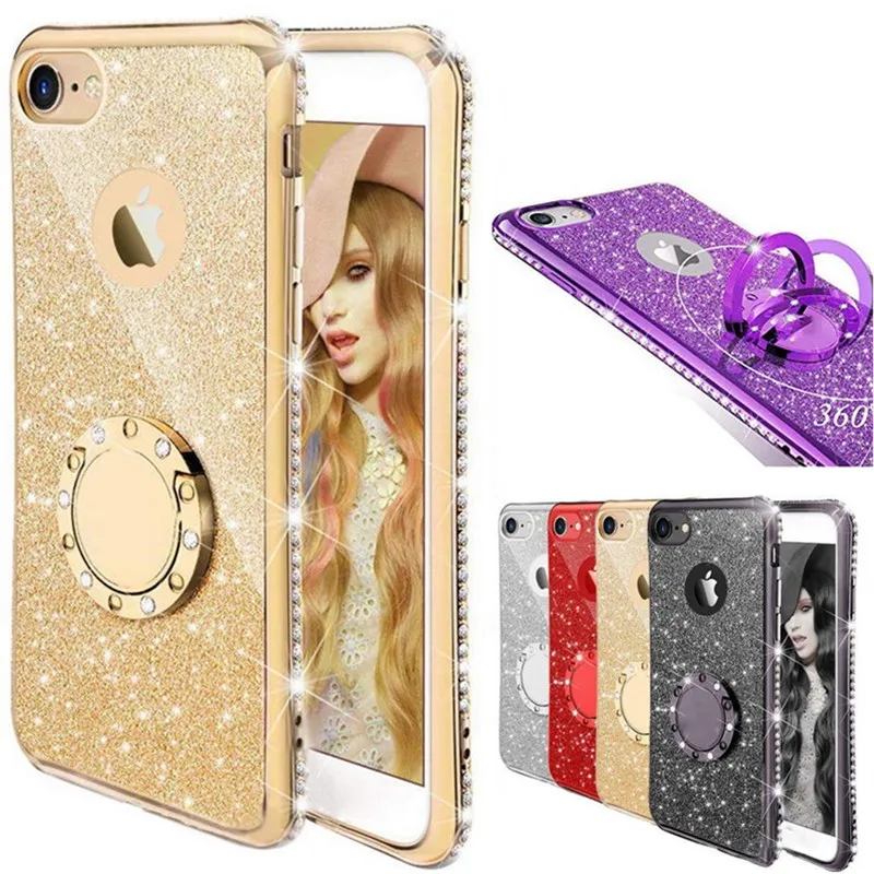 

Luxury Bling Glitter Diamond Phone Case For iPhone XR X XS Max Metal Ring Holder Soft Cover For Coque iPhone 7 8 6 6S Plus Capa