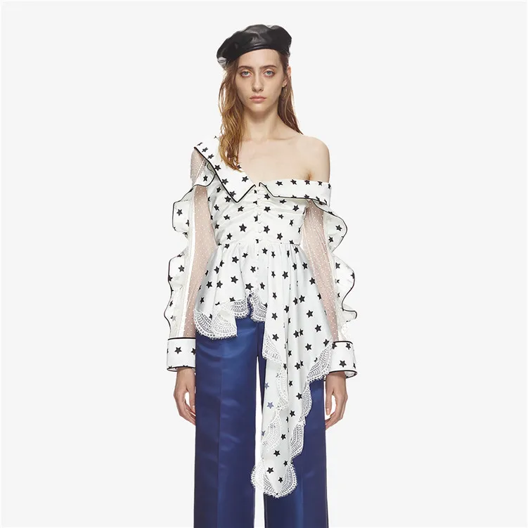

Self Portrait Designer 2018 Women Mesh Dot And Star Printed Patchwork Long Sleeve Blouses Long Sleeve Irregular Shirts Tops