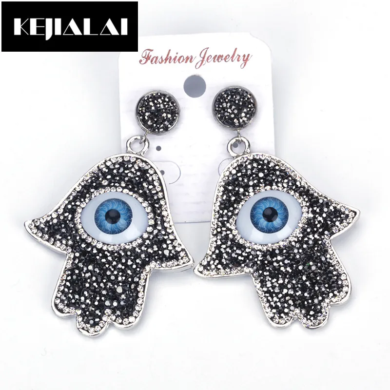 

KEJIALAI New Charming Big Blue Evil Eye Hamsa Hand Earrings Paved with Full Rhinestone Super Fashion Drop Dangle Earrings Women