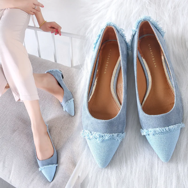 women pointed toe fringe ballet flat shoes blue denim patchwork slip on ...