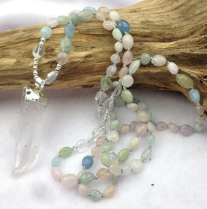 

YA3000 Clear Quartz Gold/Silver Pendant Morganite Stone Nuggets Beads Knot Handmade Necklace