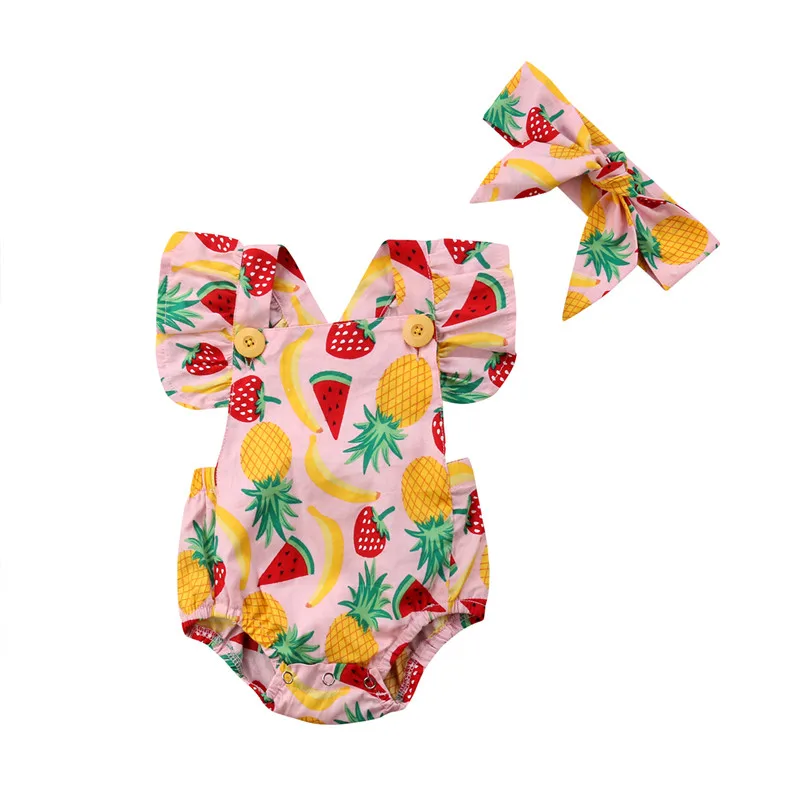 Summer Newborn Baby Girls Fruit Print Rompers headhand 2pcs Baby Girls