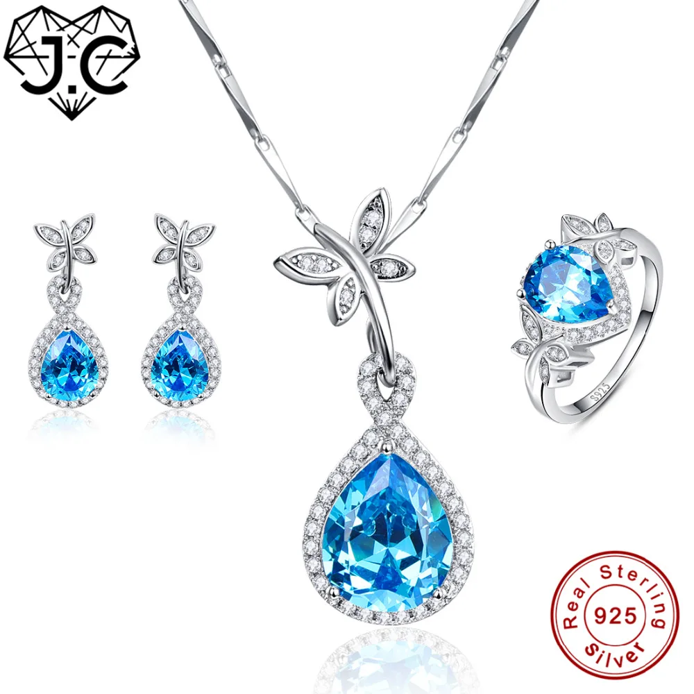 J.C Sapphire Blue Topaz кулон кольцо и серьги из серебра 925 пробы ювелирный набор|jewelry sets|ring