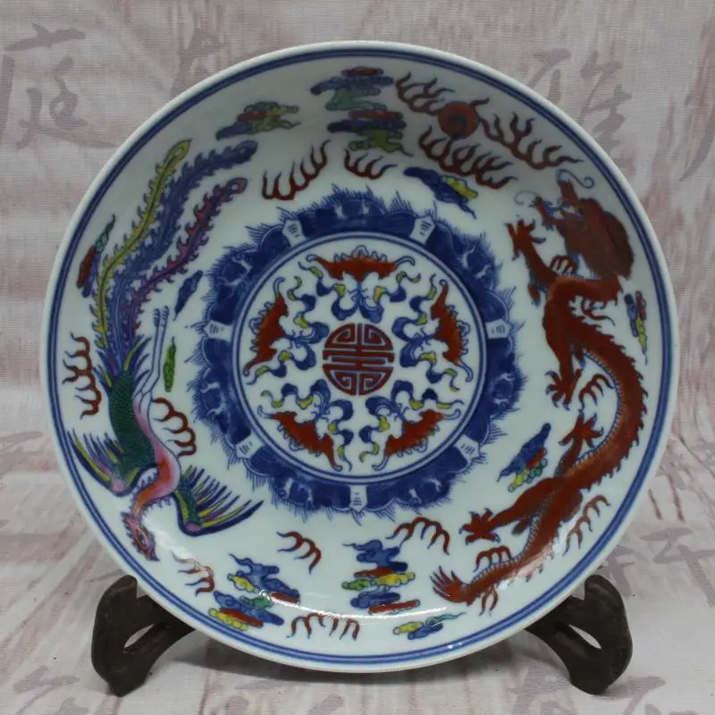 Антикварная фарфоровая тарелка QingDynasty, голубой и белый цвет тарелка с драконом, ручная роспись ремесла, коллекция и украшение