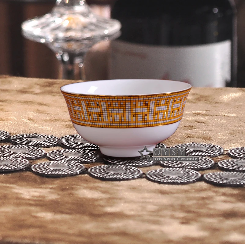 

Porcelain bowl bone china "H" mark mosaic design outline in gold round shape 4.5" bowl 4.5" rice bowl match small spoon to use