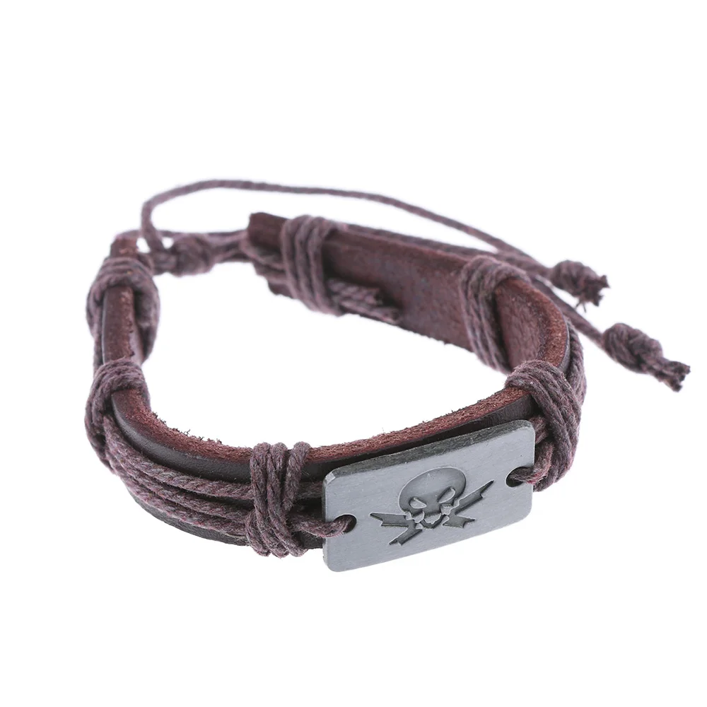 

1 Pcs 2017 Fashion Brown Color Tibetan Silver Skull Leather Bracelets Bangle For Women Men Jewelry Bracelets Cuff Wristband