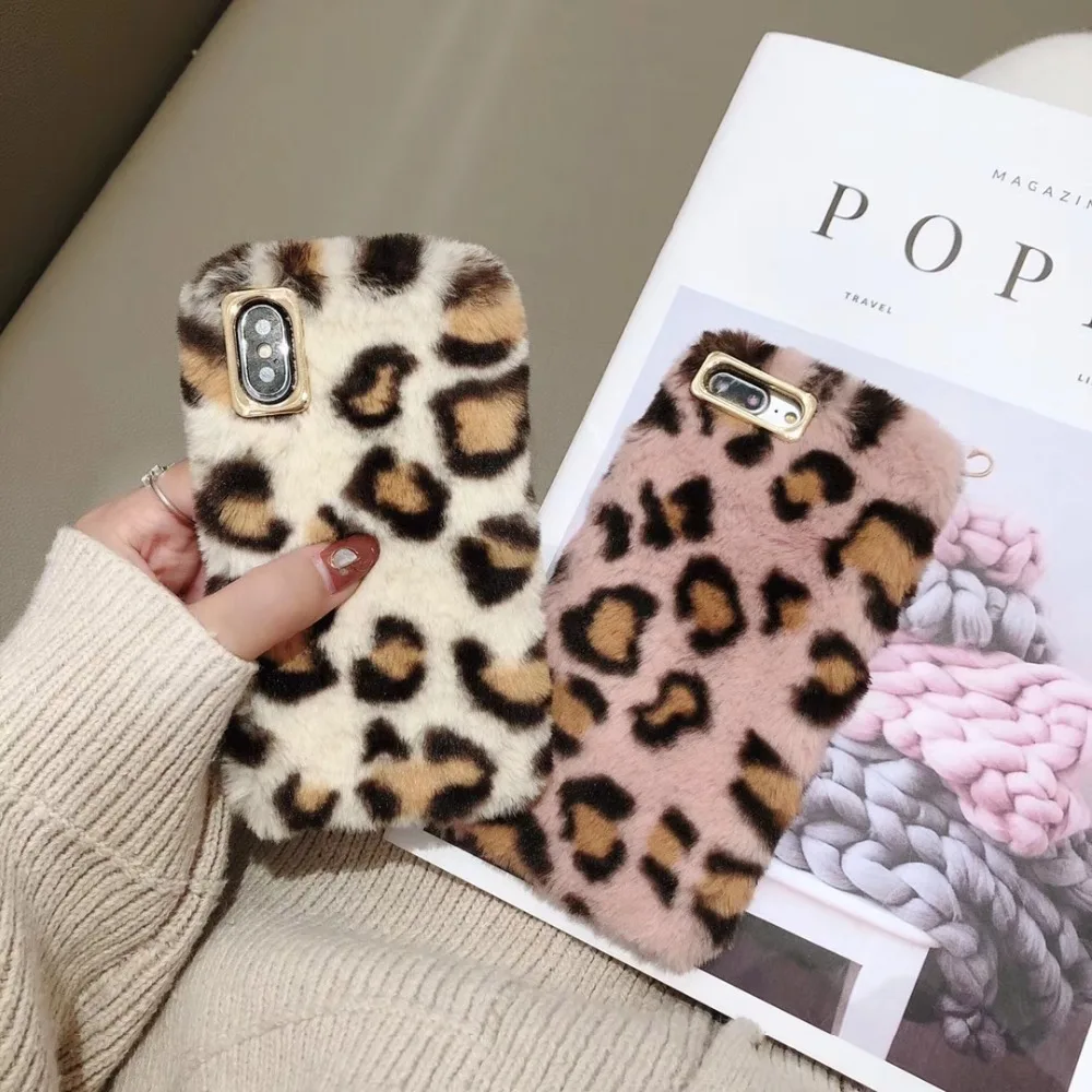 

Winter Fashion girl Gold border plush leopard print Phone case For iPhone 6 6s 8 7Plus 8P X XS XR XSMax Funds Coque