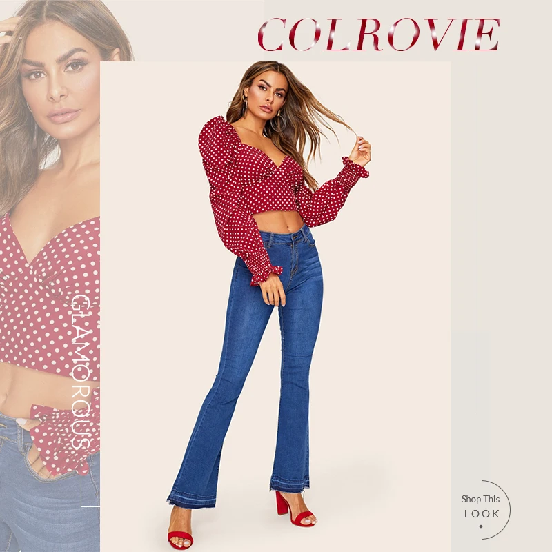 COLROVIE, красная гофрированная деталь, узор в горошек, Boho, короткая блузка, рубашка для женщин,, милая, длинный рукав, для отдыха, Женские топы и блузки