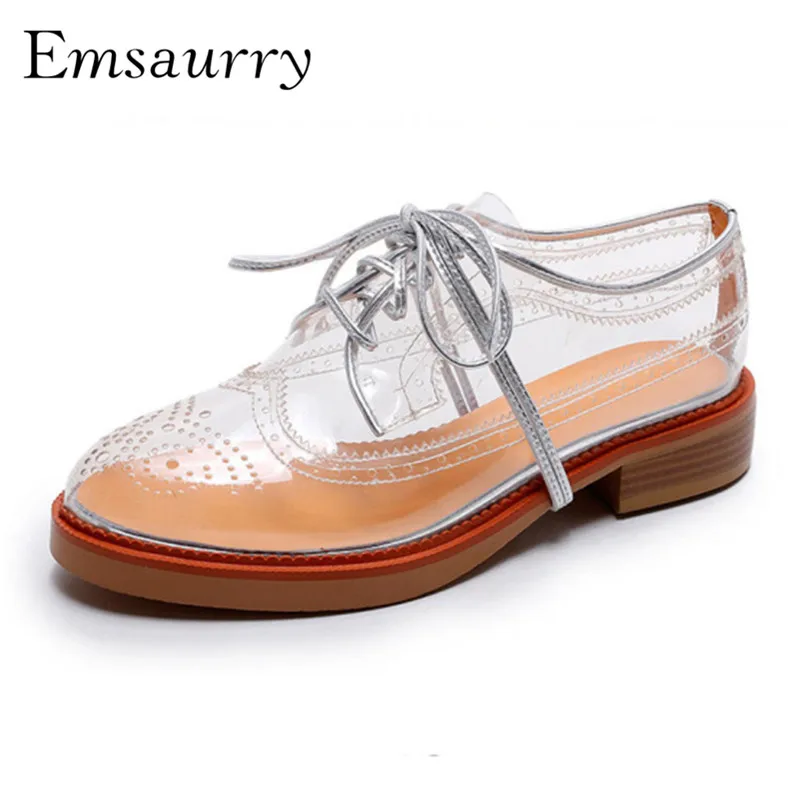 

Retro Preppy Style Brogue Women Shoes PVC Transparent Casual Flats Lace Up Spring Summer Women Shoes