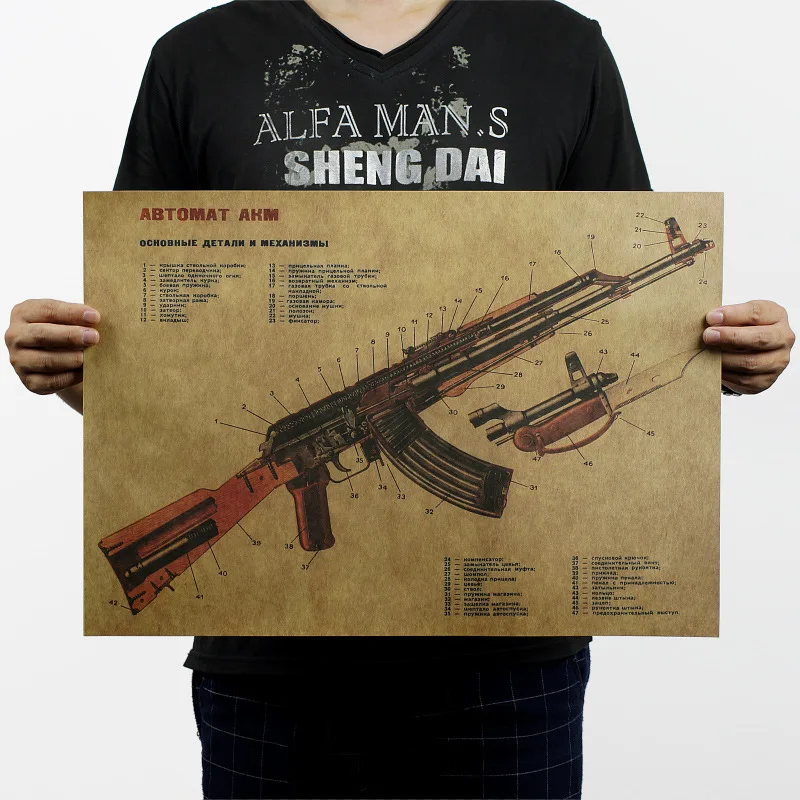 

NPH-067 Retro vintage poster Kraft paper " AK 47 modified structure "painting wall sticker art craft home decor 51x35 cm