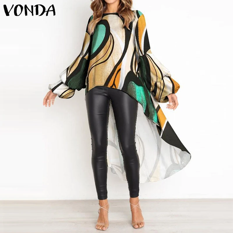 

2019 VONDA Women Floral Printed Shirts Casual Patchwork Blouse Bohemian Shirt Lantern Sleeve Tops Plus Size Irregular Hem Blusas
