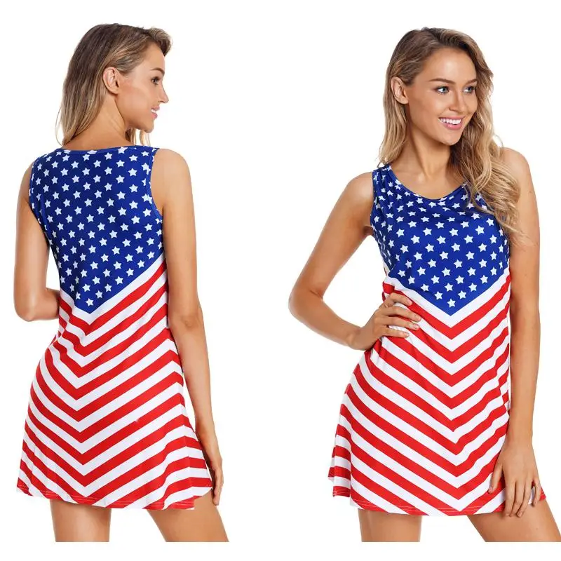 Summer Women Sleeveless Maxi Beach Dress 4th Of July American Flag Mini