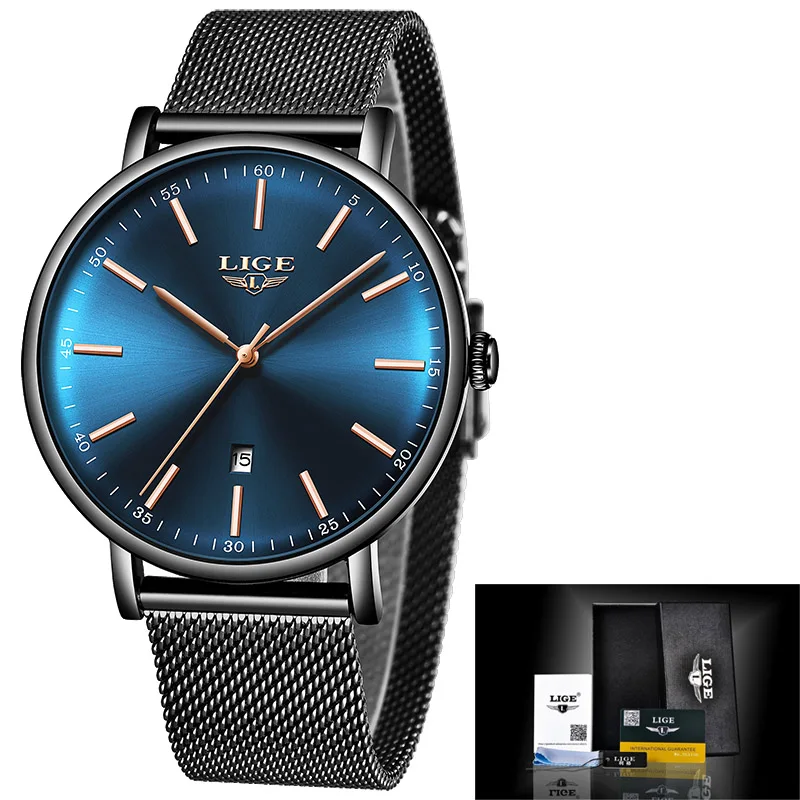 Women's Watch LIGE Top Brand Luxury Women Fashion Casual All Steel Ultra-Thin Mesh Belt Quartz Clock Relogio Feminino+Box - Цвет: Black and blue gold