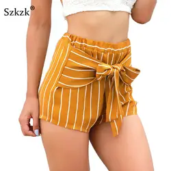 Szkzk 2018 модные летние пляжные шорты с высокой талией желтые полосатые шорты для женщин Drawstring эластичный пояс галстук-бабочка повседневные