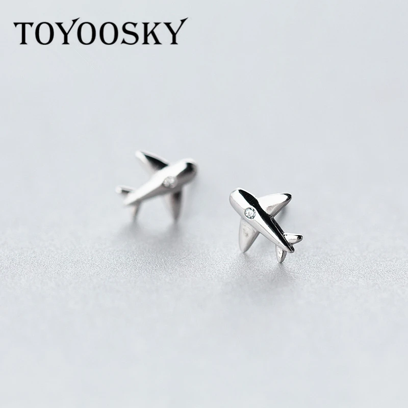 

Clearance Real 925 Sterling Silver Aircraft Airplane Plane Stud Earrings Women's with Clear CZ Handmade Jewelry