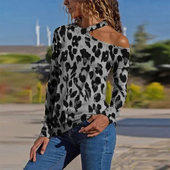 

Plus Size Leopard Printed Halter Women Shirt Sexy Off Shoulder Long Sleeve Female Blouses Spring Fashion Casual Slim Woman Tops
