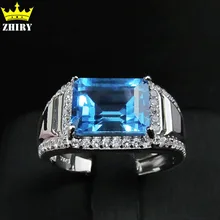 100% Natural blue topaz gem Man ring genuine solid 925 sterling silver stones rings for men jewelry