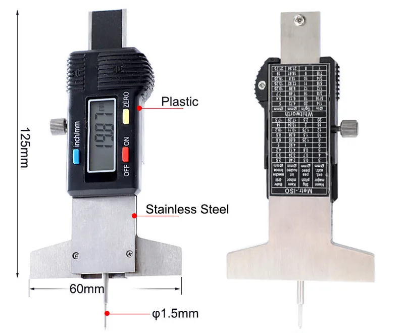 Цифровой измеритель глубины 0-25,4 мм/0,01 мм метрический/дюймовый датчик глубины протектора колеса светодиодный штангенциркуль 1 шт