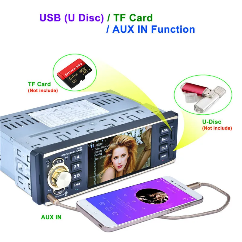 4,1-дюймовый 1-дюймовый автомобильный радиоприемник Аудио стерео AUX FM USB Зеркальная связь Авторадио Управление рулевого