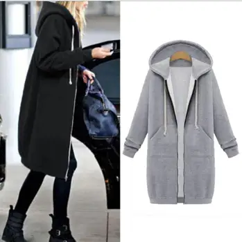 

Women Long Sleeve Hooded Zipper Thicken Sweatshirt Style Outwear Autumn Winter Medium And Long Section Coat Top Female Plus Size