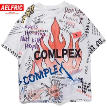 AELFRIC Мужская модная футболка с коротким рукавом, футболки с граффити, футболки с принтом пламени, футболки для скейтборда, мужские хлопковые футболки в стиле хип-хоп, уличная одежда, KJ54