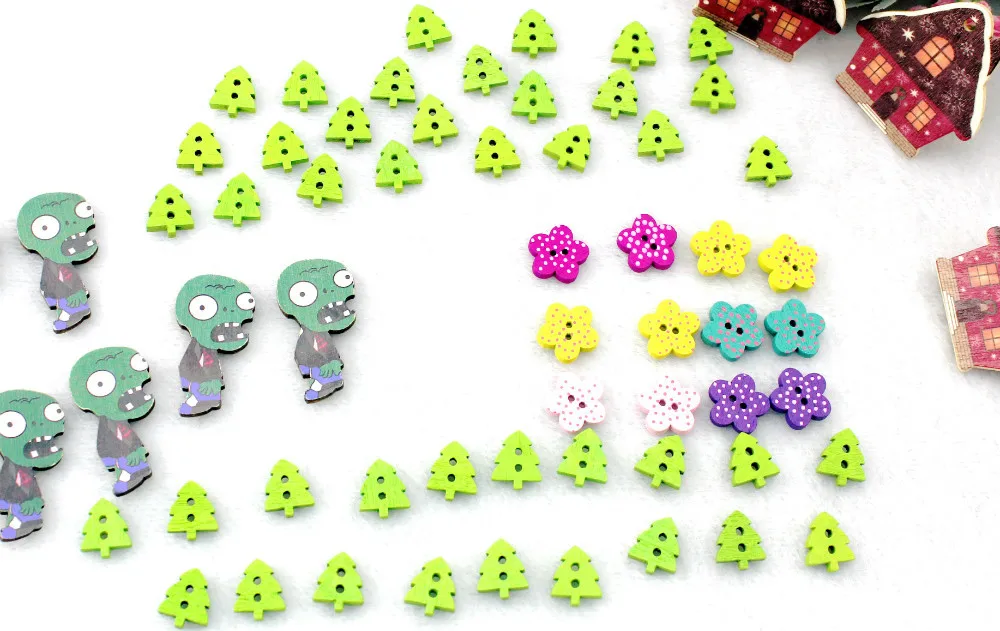 

Craft kits set of 200pcs kawaii tree flower house and zombie wood buttons pendants for diy jewelry,decoration