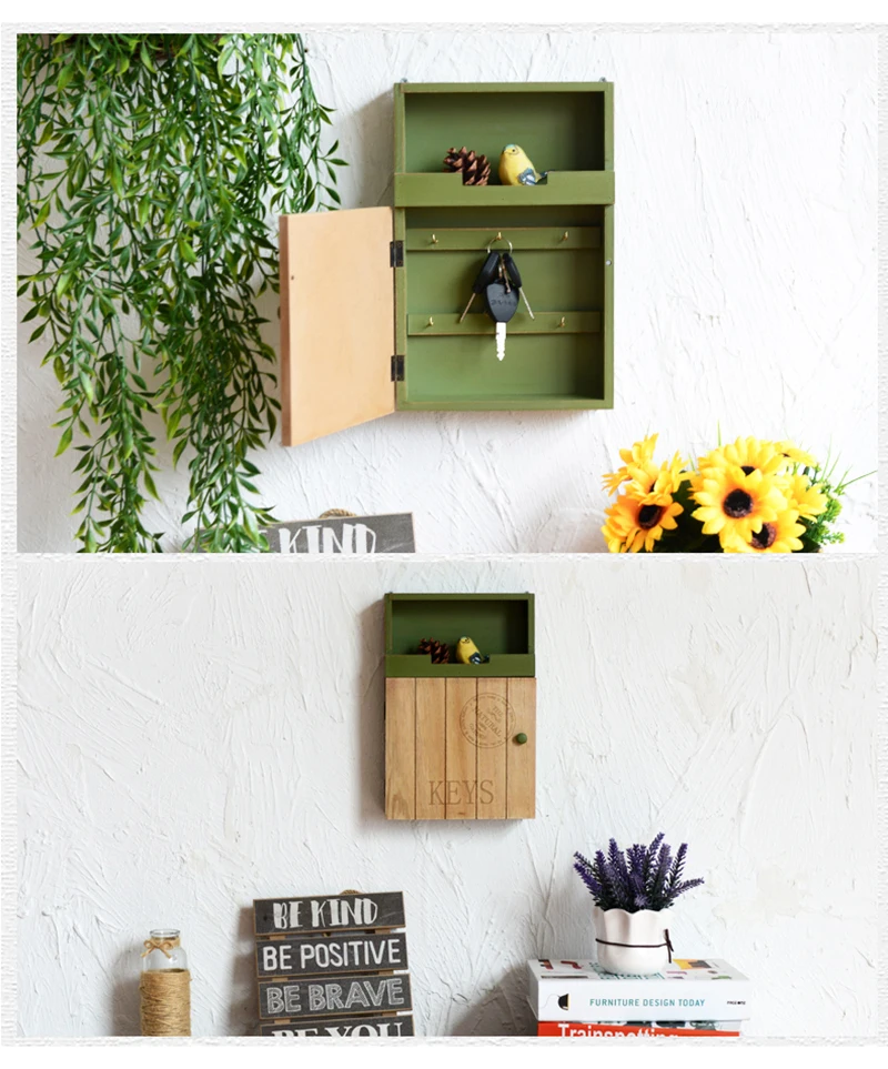 Винтажная деревянная зеленая коробка для ключей с 6 крючками для дома, крыльца, настенный органайзер для ключей, коробка для домашнего декора, деревянное ремесло