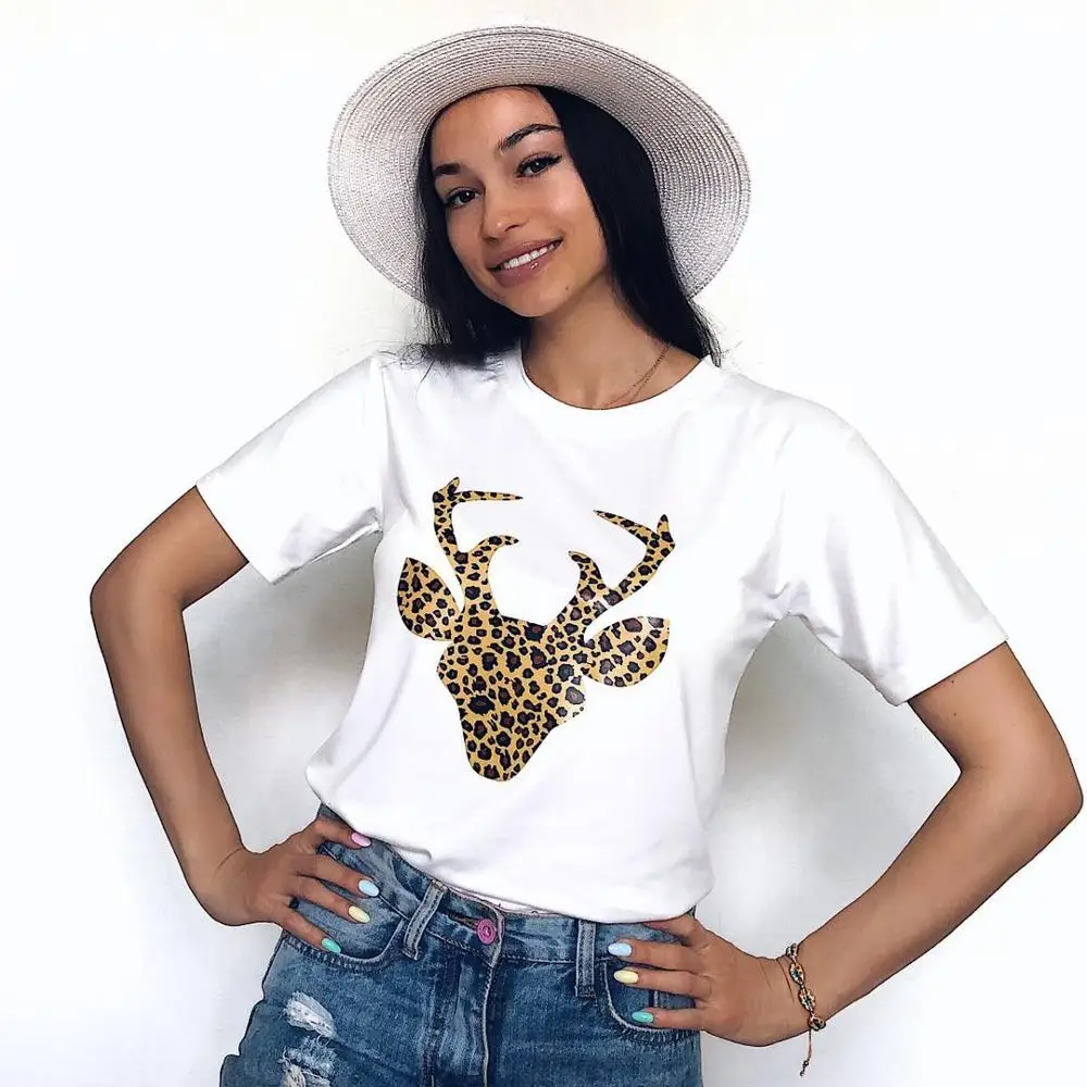 

Summer Deer Head Print Femme Tshirt Elastic Slim O-collar Animal Printed T-shirt Leopard Women Tee Tops Short Sleeves T Shirt
