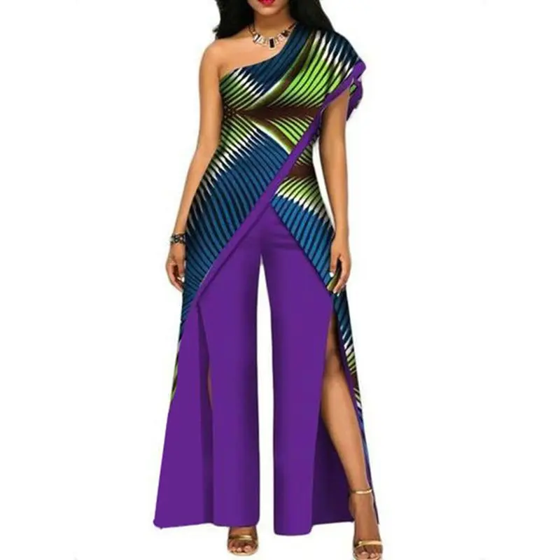 

African Fashion Elegant Boho Colorful Plus Size Sexy Rompers Womens Purple Slim High Waist Stripe Split Female Chic Jumpsuits