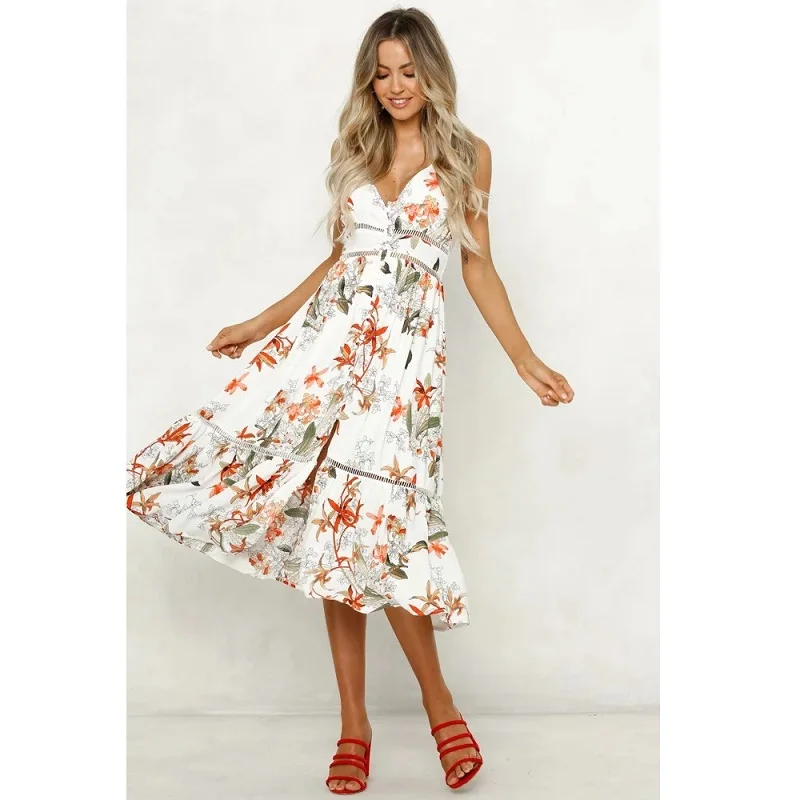 

ZOGAA Summer Women Boho Chiffon Beach Sundress Floral Print Strapless Spaghetti Strap Evening Party Vocation Long Dress Vestido