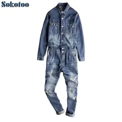 Sokotoo Для мужчин Полный рукавом джинсовые комбинезоны узкие карманы Карго рваные джинсы комплект комбинезоны