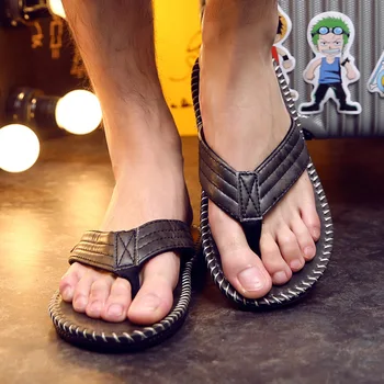 

Ipomoea Brand Men Slippers 2020 PU Leather Beach Flip Flops Slip On Male Summer Flat Shoes Non-slip Mens Indoor Outdoor Sandals
