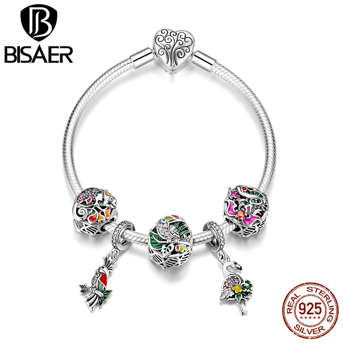 

Rainforest Collection Bracelet 925 Sterling Silver Colorful Enamel Tropicl Animal Beads Charm Bracelets Valentine Gifts GXB818