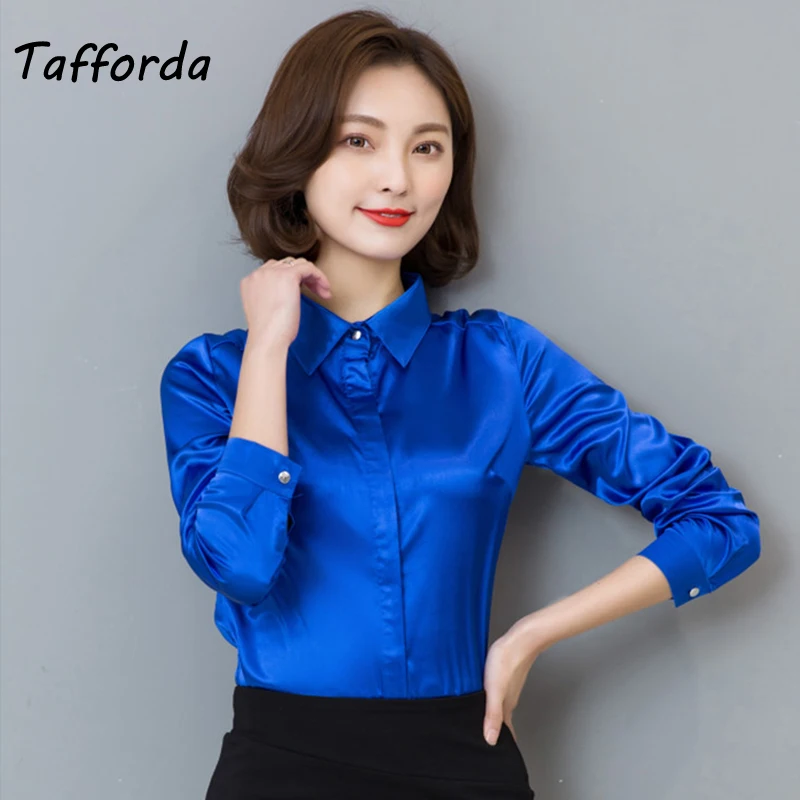 

Tafforda 2018 Women Silk Satin Blouse Elegant Female Satin Silk Blouses Shirt Long Sleeve Button Lapel Ladies Office Work Shirts